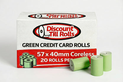 front view of a  discount till rolls branded box of green credit card rolls with 3 rolls sitting in front on a white background