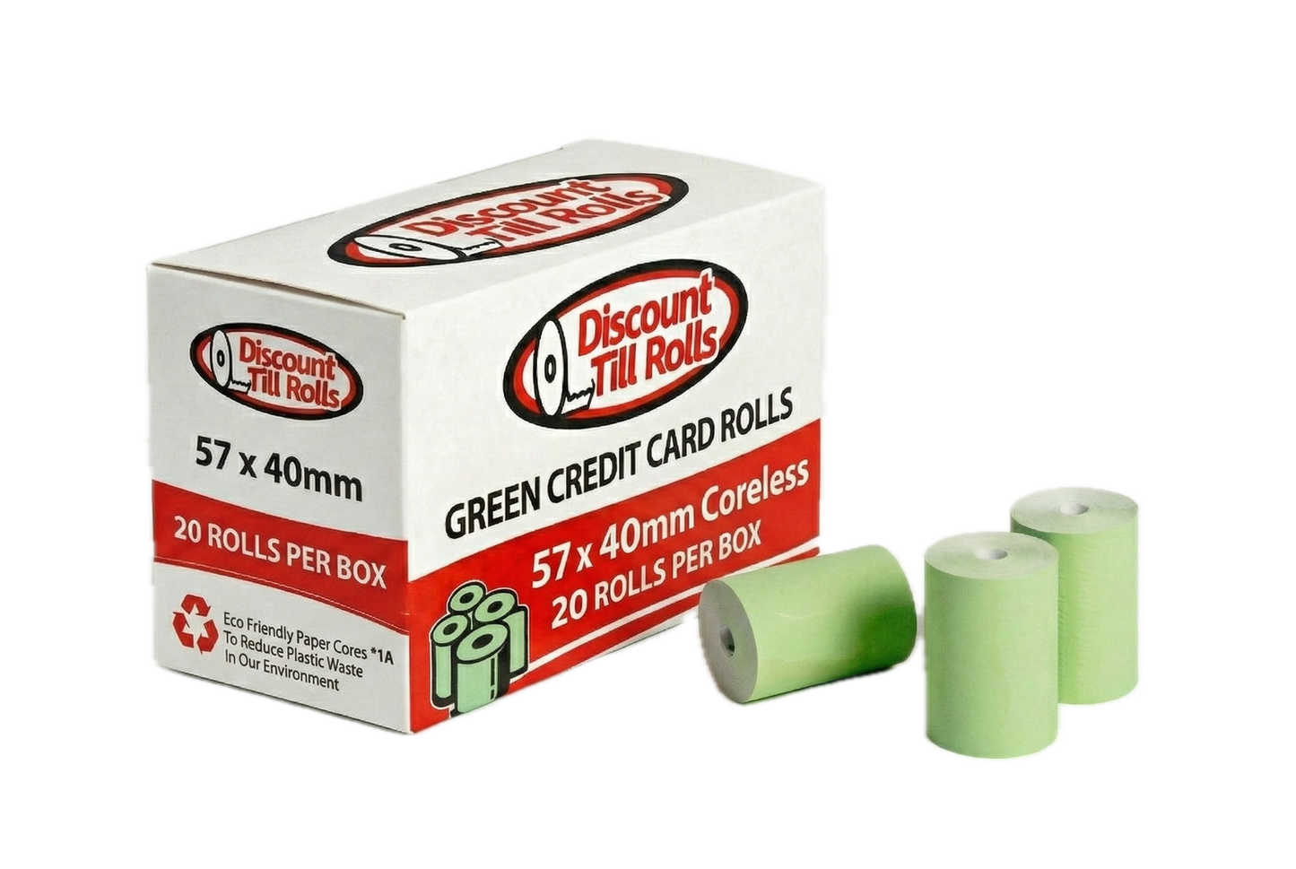 A discount till rolls branded box of green credit card rolls with 3 green rolls sitting in front of the box