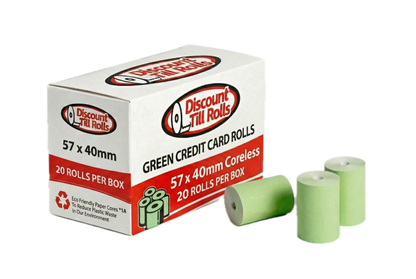 A discount till rolls branded box of green credit card rolls with 3 green rolls sitting in front of the box
