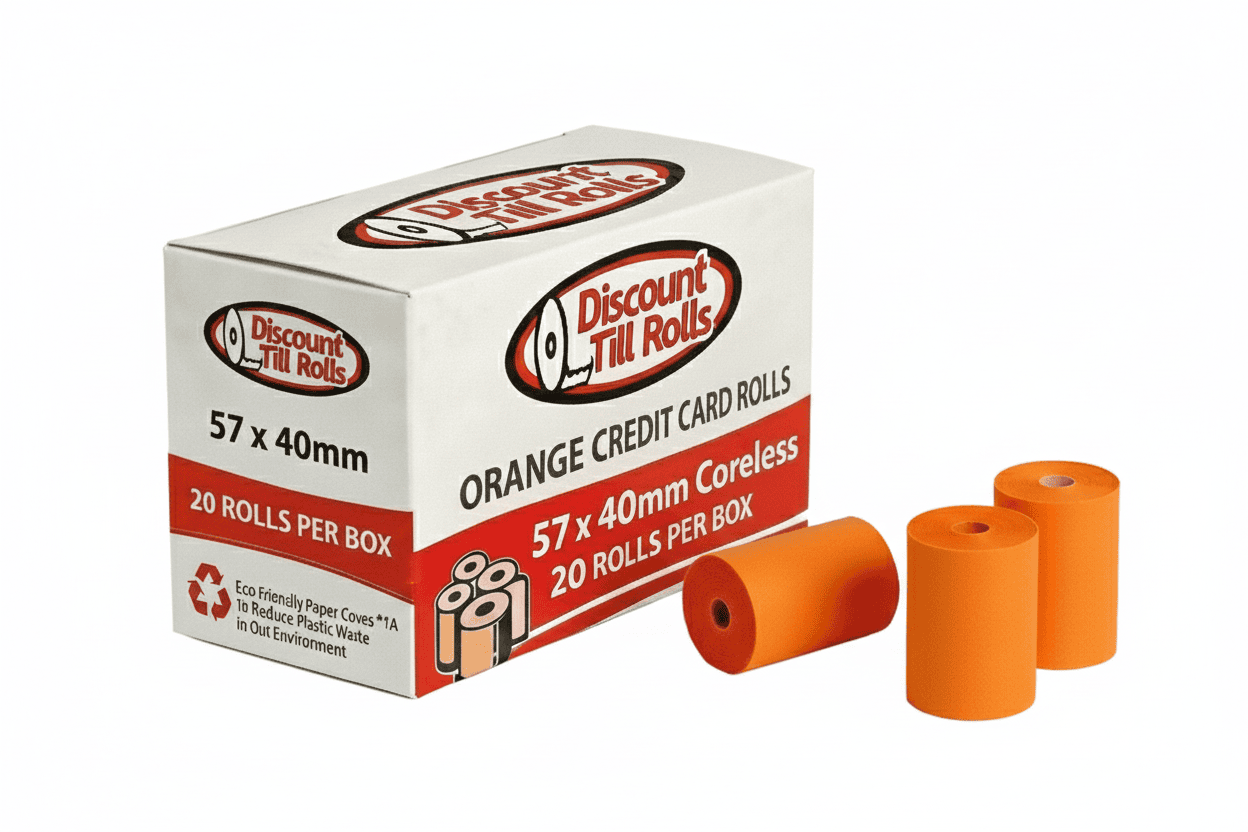 Premium BPA Free 57mm x 40mm Orange Credit Card Rolls (20 Pack)