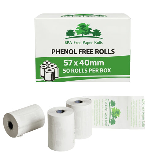 Box of Phenol Free Paper Rolls with phenol-free rolls displayed in front