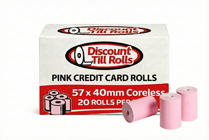Box of Discount Till Rolls pink credit card rolls with two rolls in front on a white background