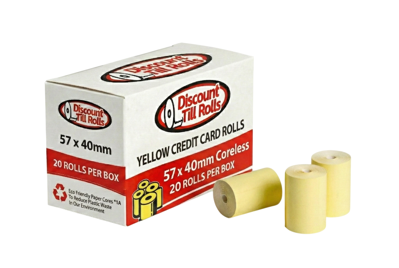 side view of a discount till rolls branded box of yellow credit card rolls on a white background