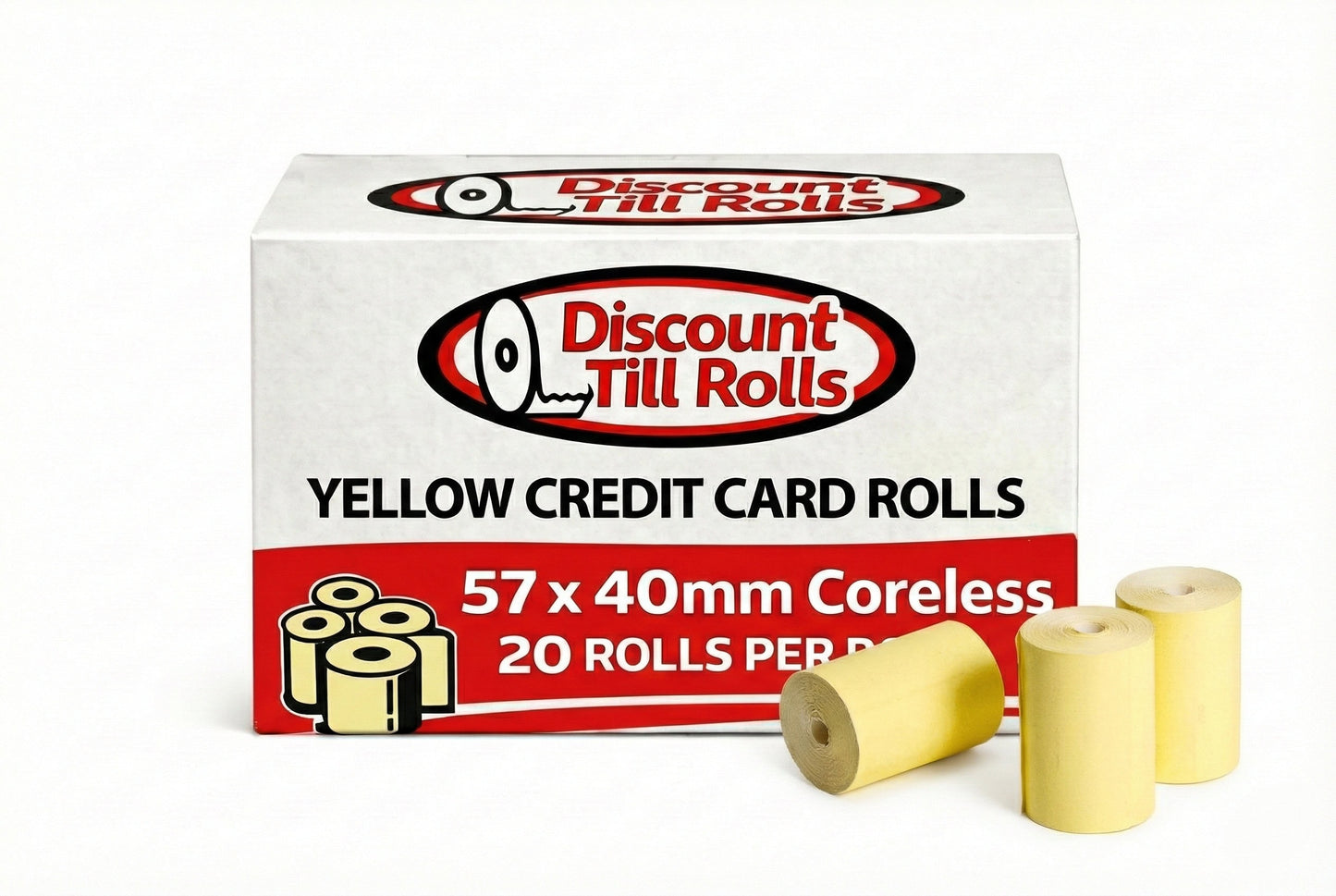Front view of a discount till rolls box of yellow credit card rolls with 3 rolls sitting in front of the box