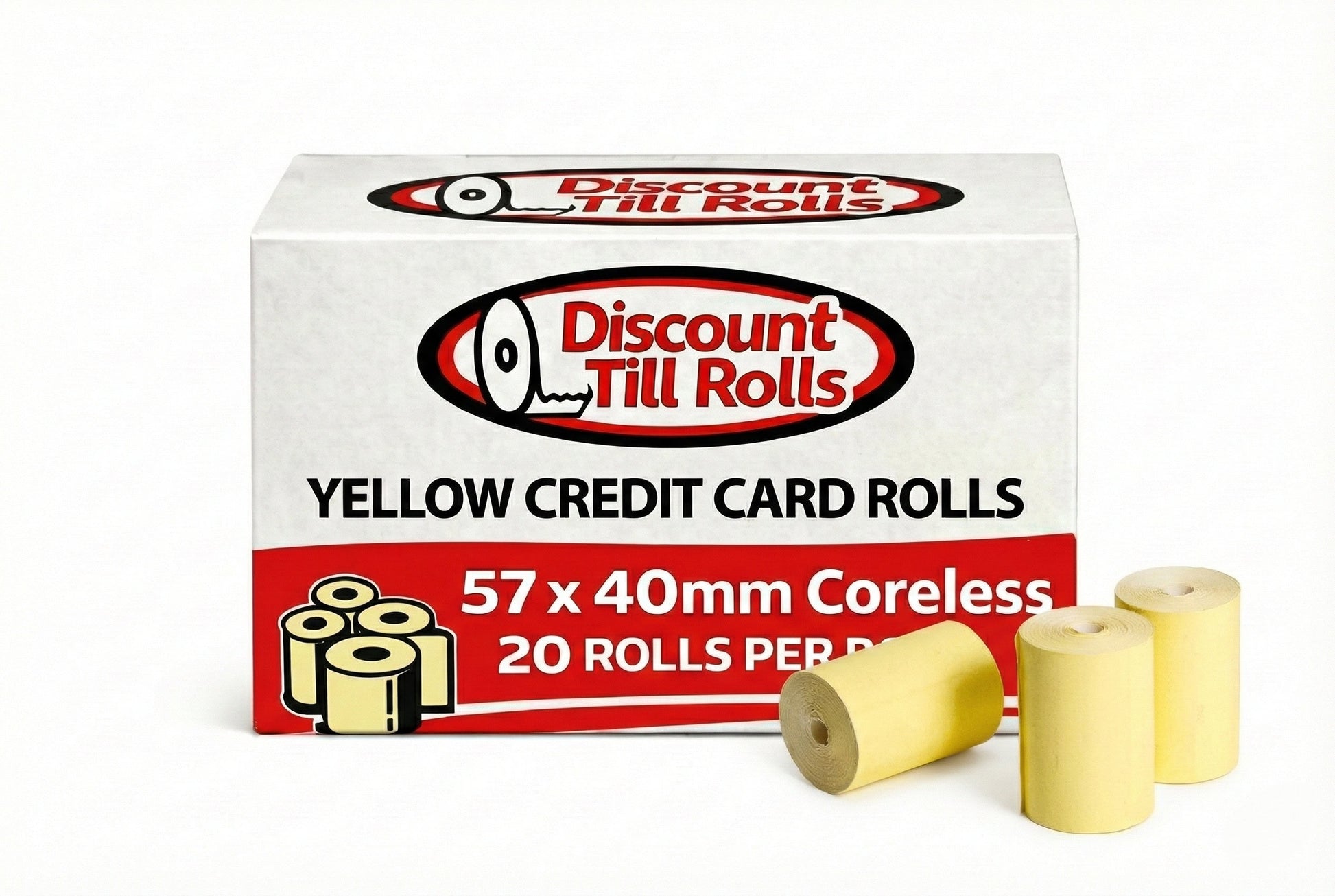 Front view of a discount till rolls box of yellow credit card rolls with 3 rolls sitting in front of the box
