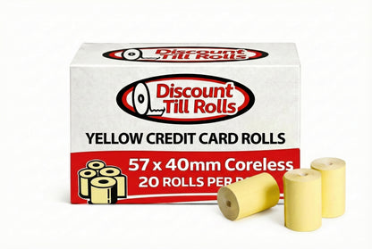 Front view of a discount till rolls box of yellow credit card rolls with 3 rolls sitting in front of the box