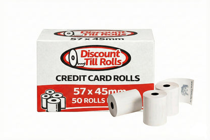 Box of Discount Till Rolls taxi printer rolls with three rolls in front on a white background