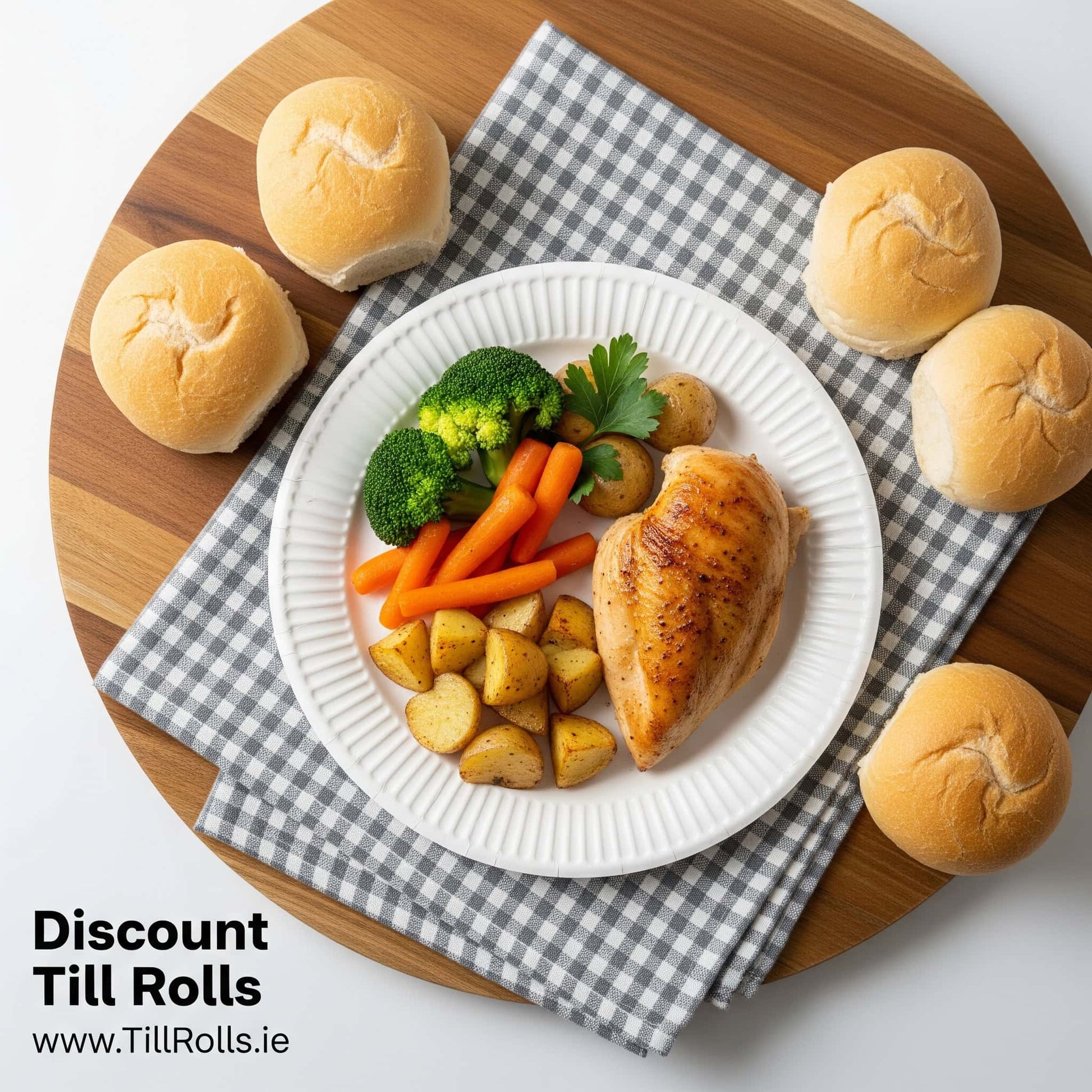 6 White Greenspirit Paper Plated meal with chicken, vegetables, and rolls on a wooden board with a checkered cloth.