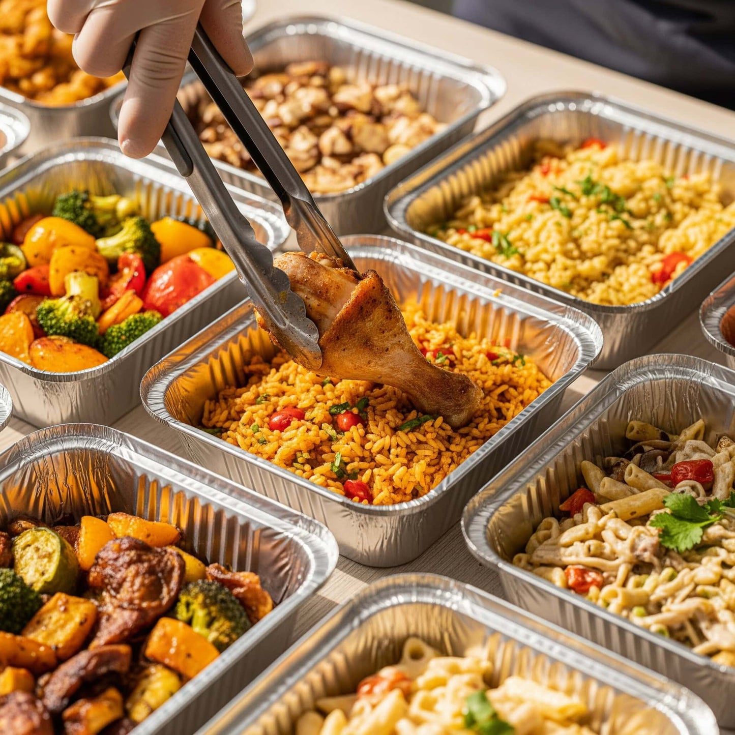 Prepared meals in aluminum containers with a hand using tongs to pick up food.