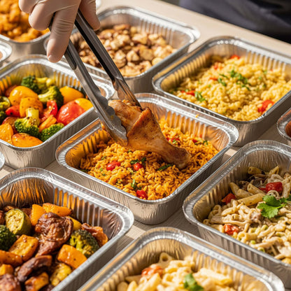 Prepared meals in aluminum containers with a hand using tongs to pick up food.