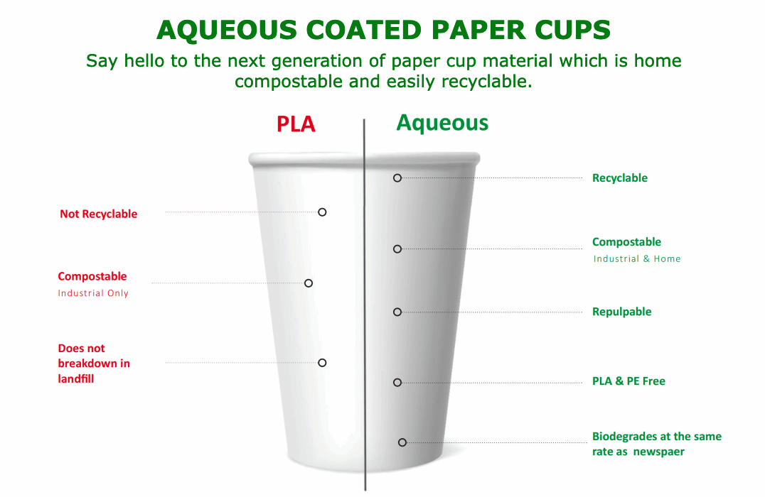 Aqueous coated paper cup with comparison chart between PLA and Aqueous