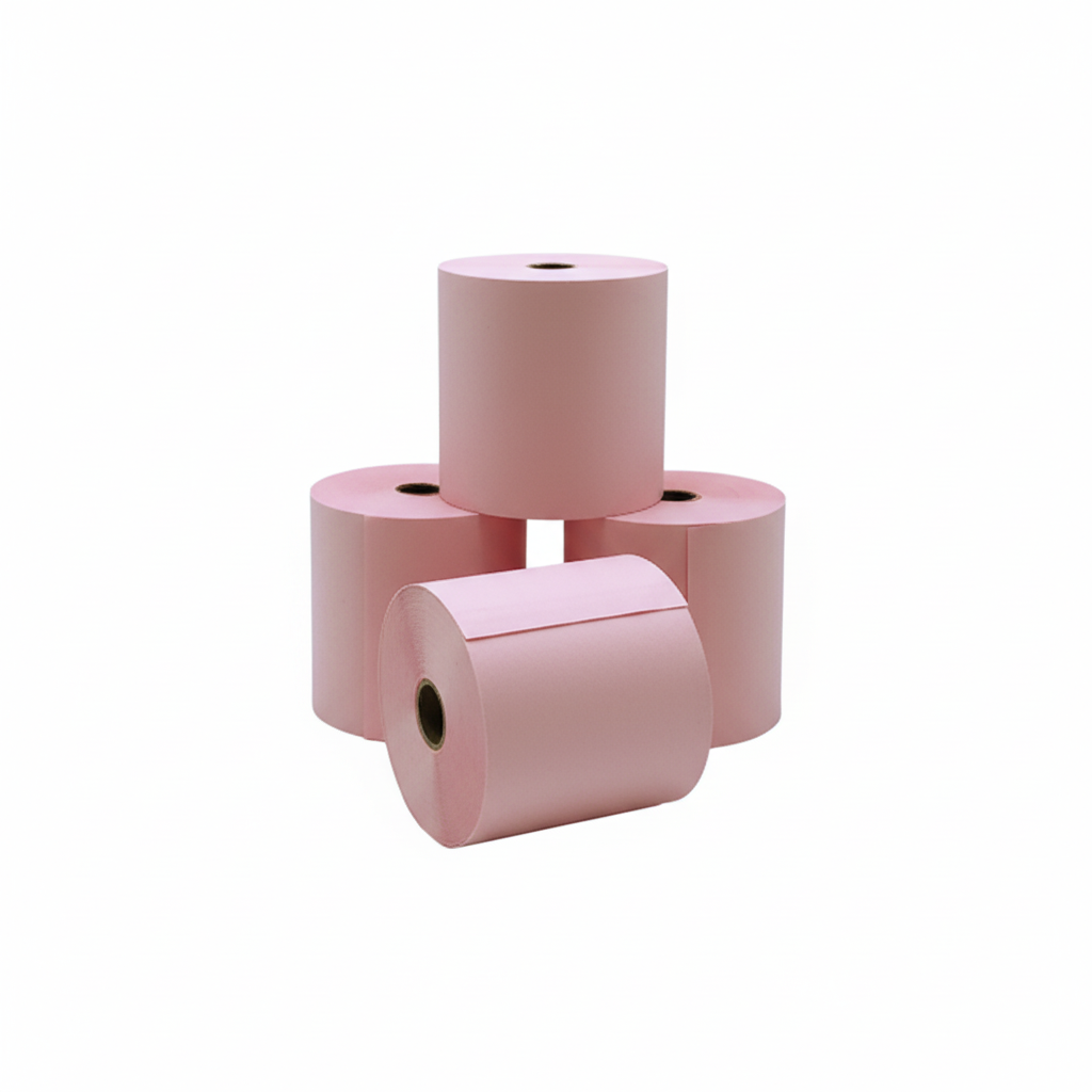 4 rolls of 76mm Pink Wet Strength Laundry Tag Rolls on a white background