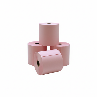 4 rolls of 76mm Pink Wet Strength Laundry Tag Rolls on a white background