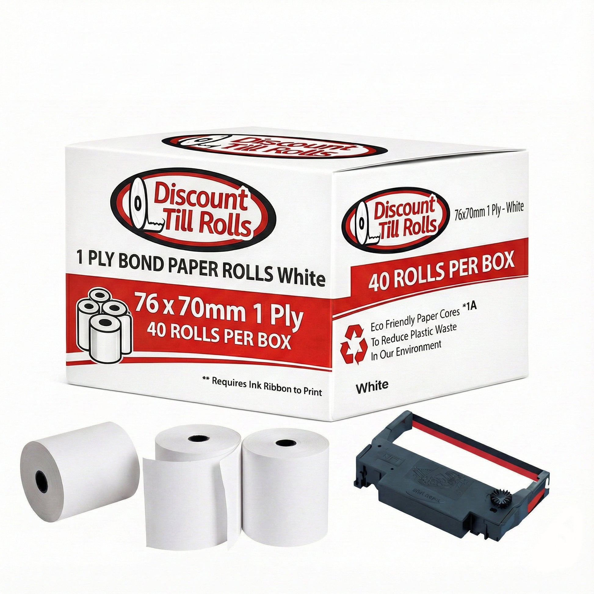 Box of Discount Till Rolls 76x70mm bond paper rolls with three rolls and a ribbon on a white background