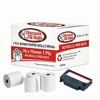 Box of Discount Till Rolls 76x70mm bond paper rolls with three rolls and a ribbon on a white background
