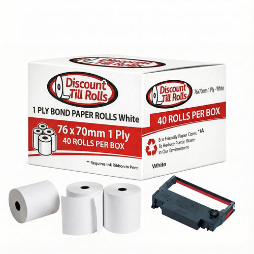 76x70mm 1 Ply Bond Paper Till Rolls | Kitchen Printer Paper | Box of 40