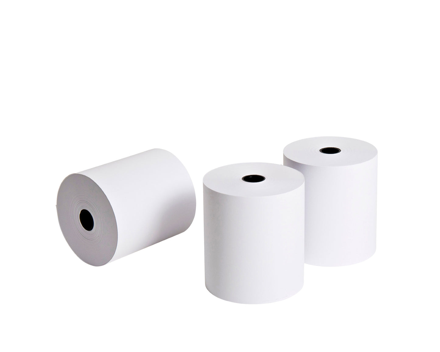 Three rolls of 76x70mm white 1 ply bond paper on a white background