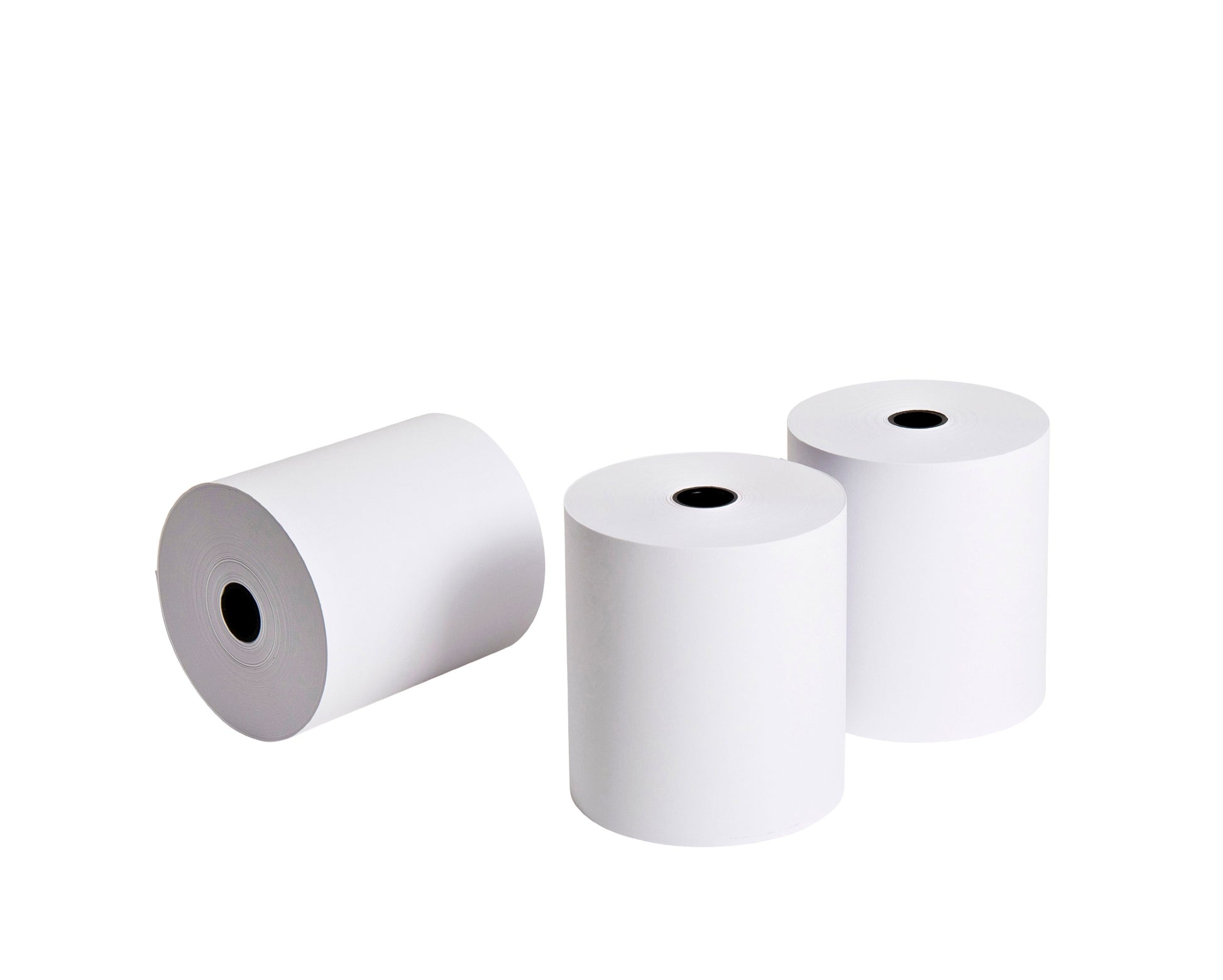Three rolls of 76x70mm white 1 ply bond paper on a white background
