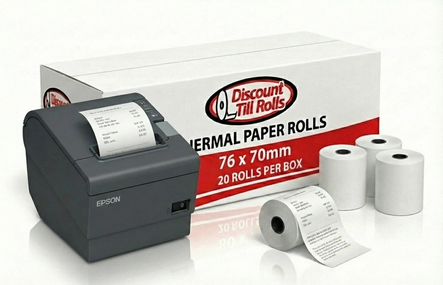 Epson thermal printer with Discount Till Rolls 76x70mm thermal paper rolls on a white background