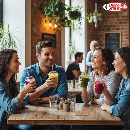 People in a restaurant njoysing their juices from 7/9oz Greenspirit rPET Juice Cups 