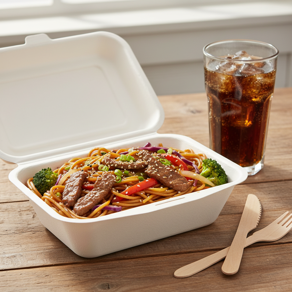7x5 inch bagasse meal box with beef chow mein noodles