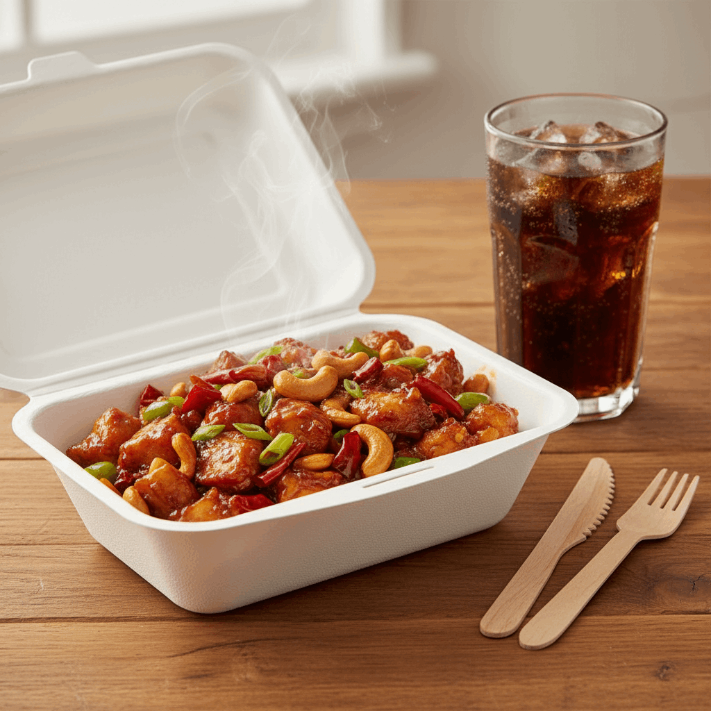 7x5 inch bagasse meal box with kung pao chicken