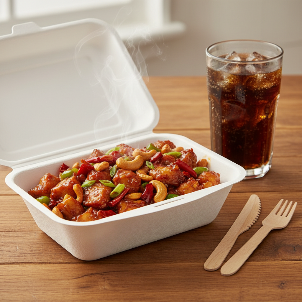 7x5 inch bagasse meal box with kung pao chicken