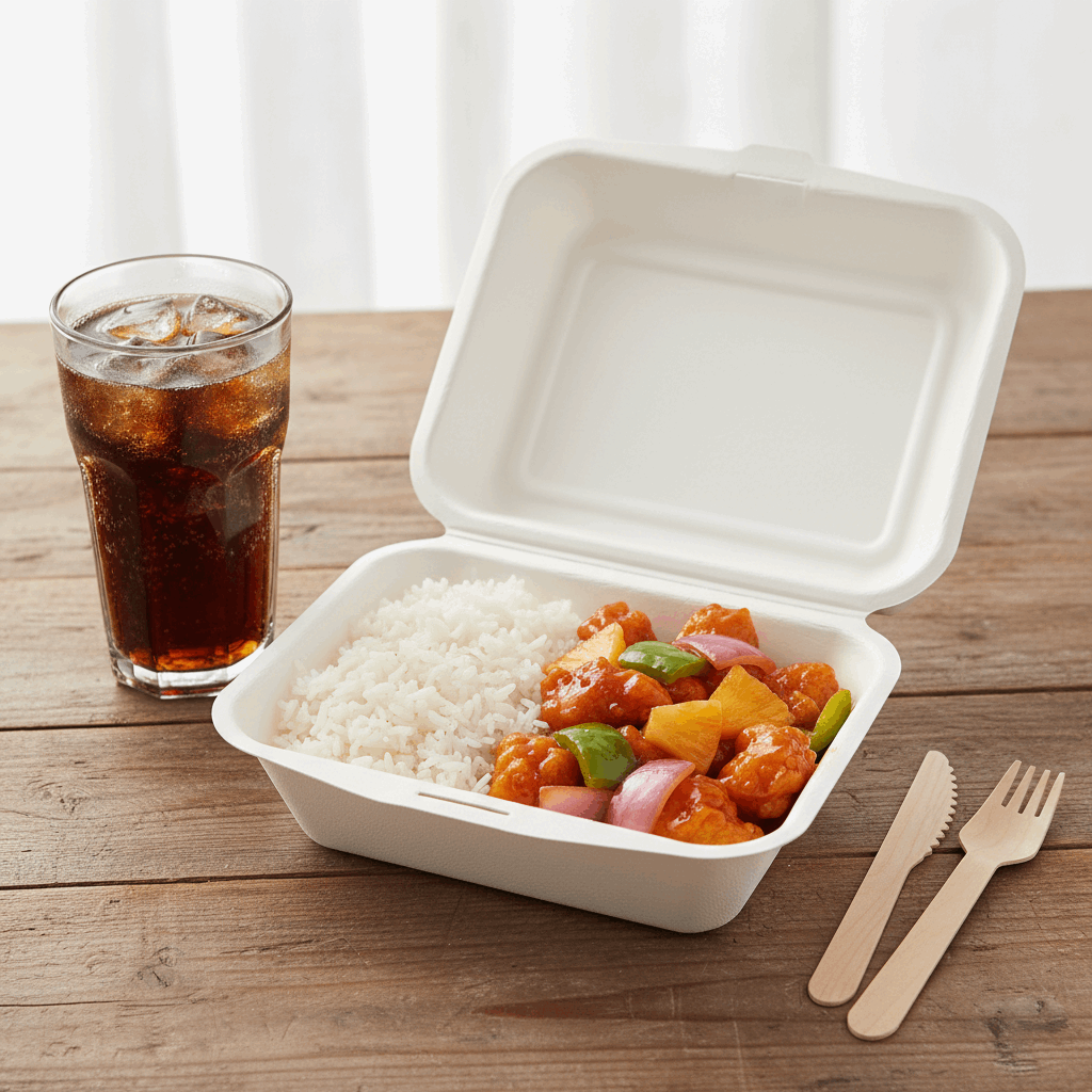 7x5 inch bagasse meal box with sweet and sour chicken