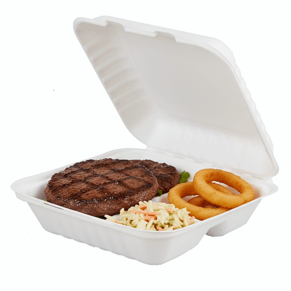 8 inch 3 compartment bagasse box with burger patty, coleslaw and onion rings