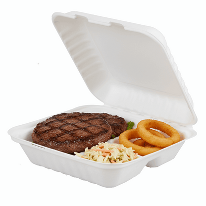 8 inch 3 compartment bagasse box with burger patty, coleslaw and onion rings