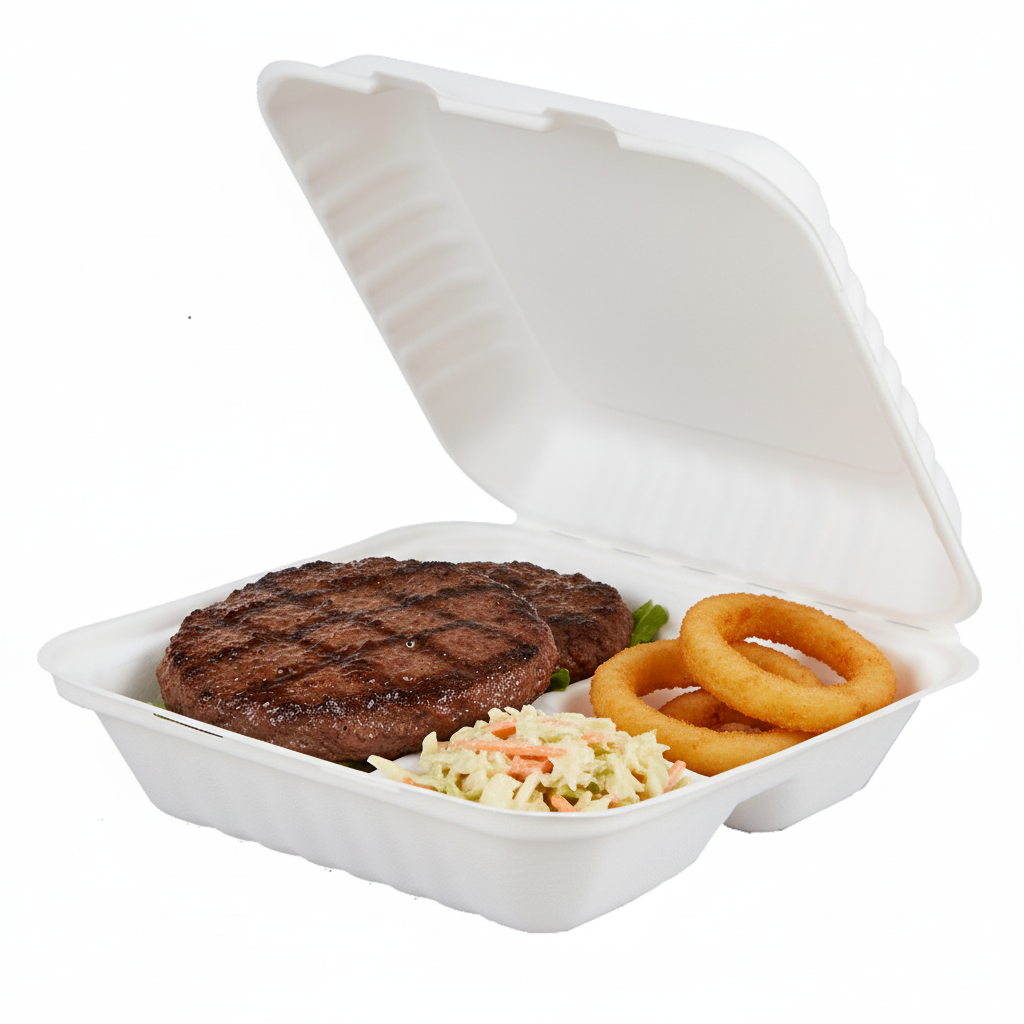 8 inch 3 compartment bagasse box with burger patty, coleslaw and onion rings