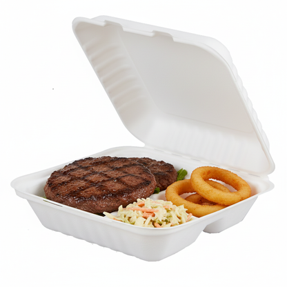 8 inch 3 compartment bagasse box with burger patty, coleslaw and onion rings