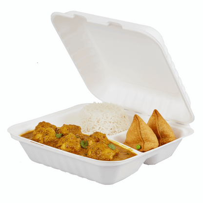 8 inch 3 compartment bagasse box with curry chicken, rice and samosas