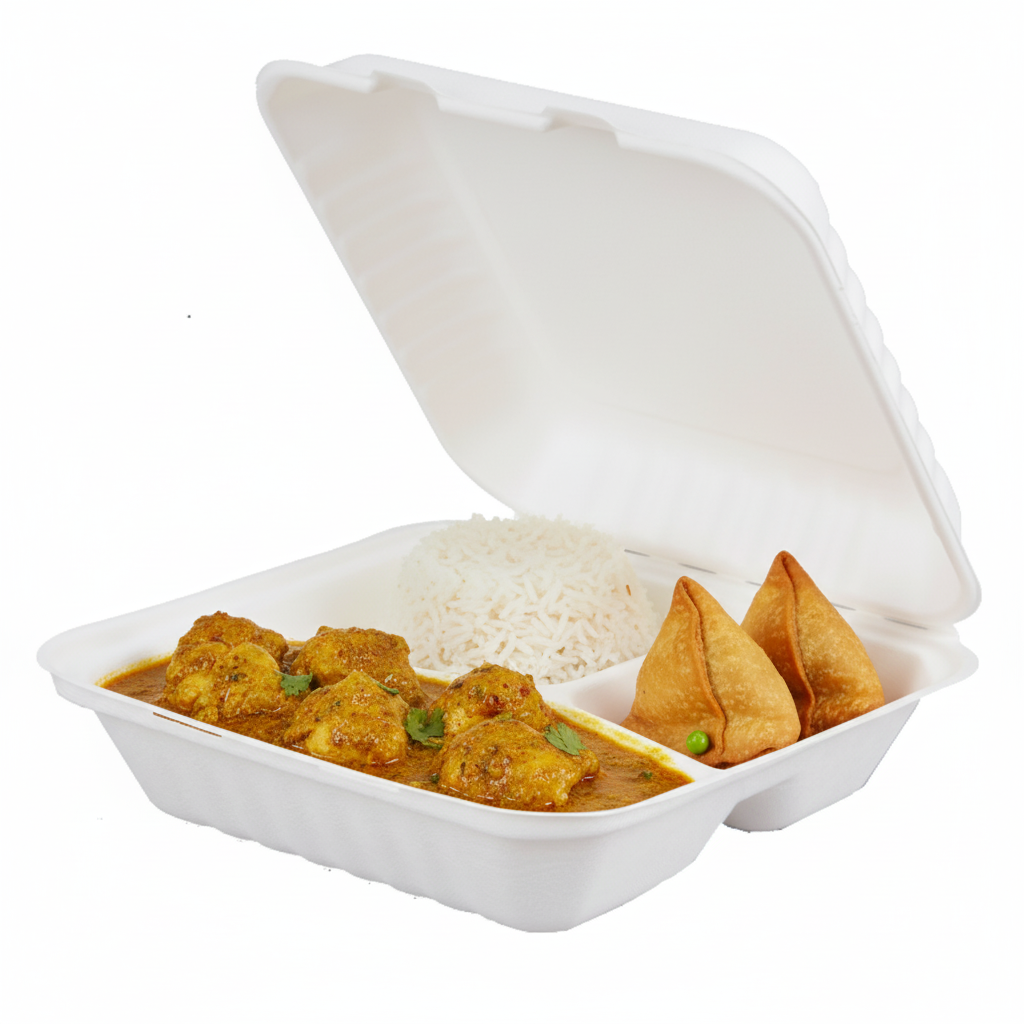 8 inch 3 compartment bagasse box with curry chicken, rice and samosas