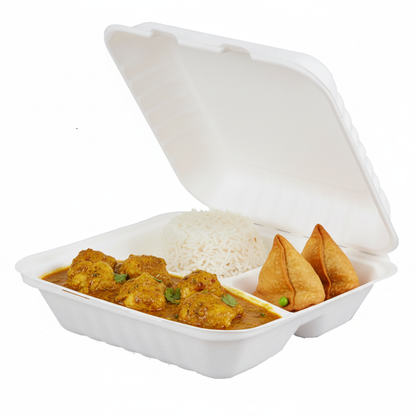 8 inch 3 compartment bagasse box with curry chicken, rice and samosas