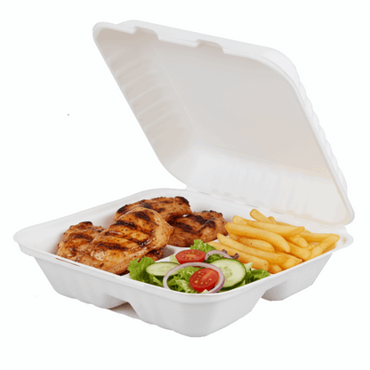 8 inch 3 compartment bagasse box with grilled chicken, chips and salad