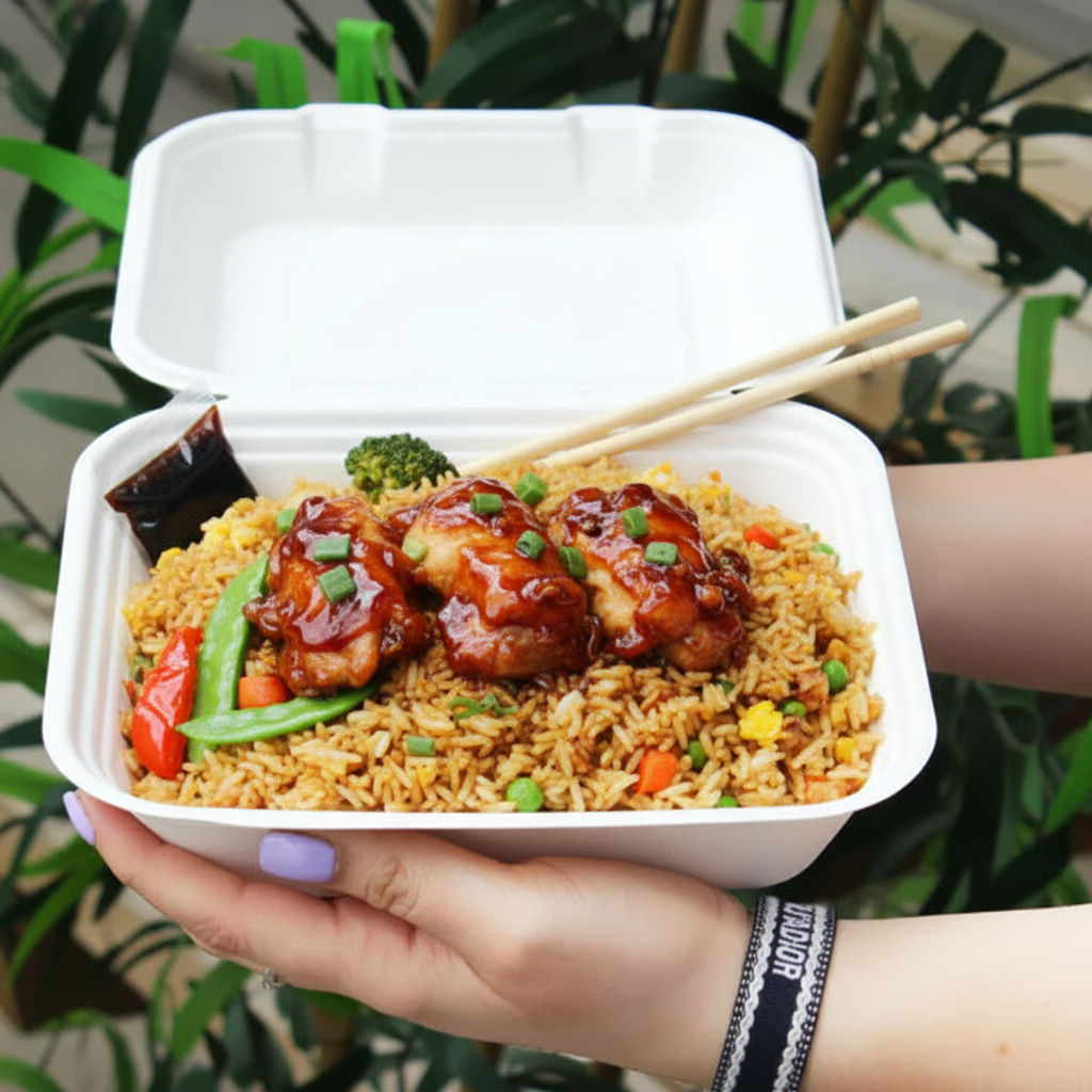 8 inch bagasse meal box with fried rice and Chinese food
