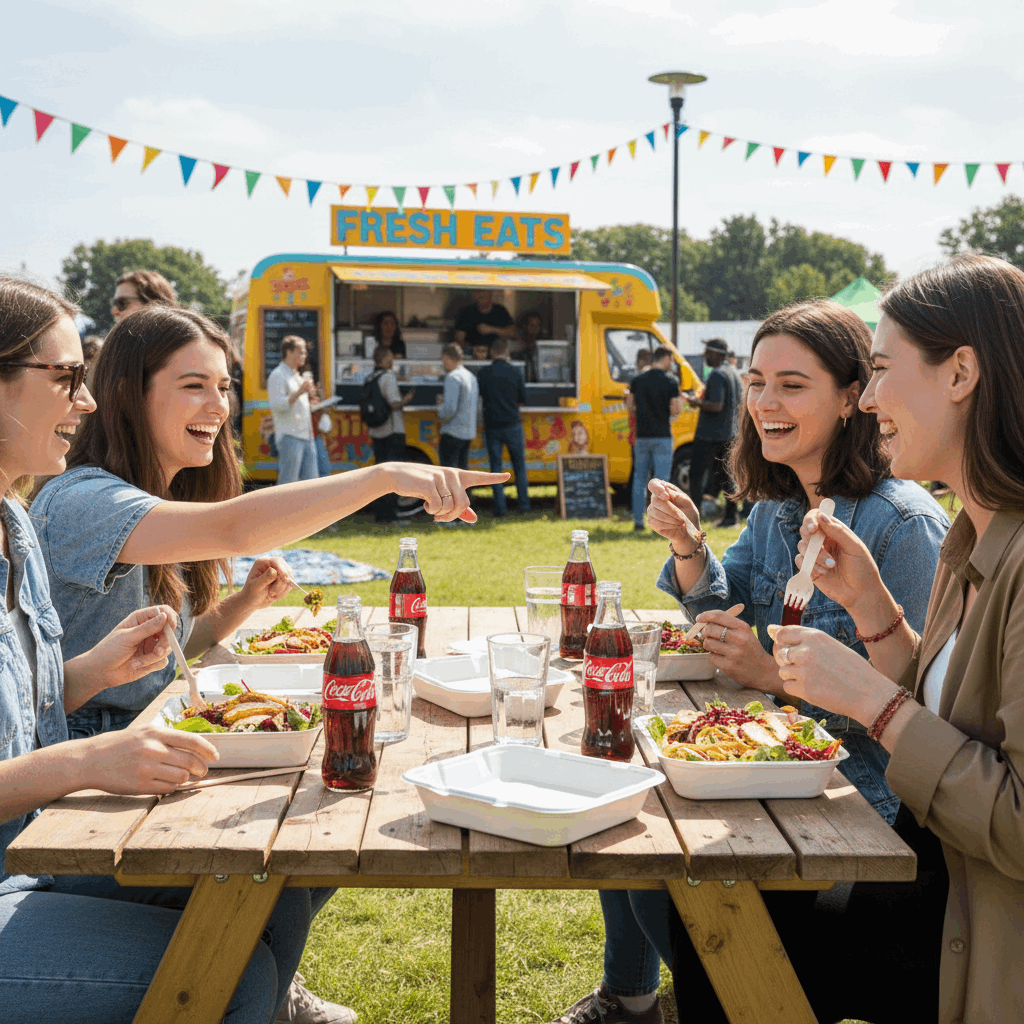 8 inch bagasse meal box with friends at festival food van