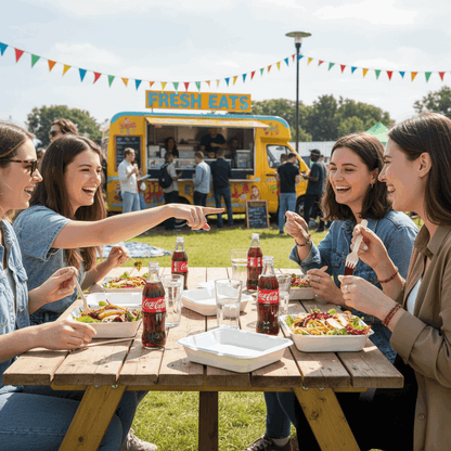 8 inch bagasse meal box with friends at festival food van