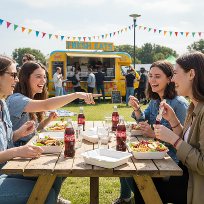 8 inch bagasse meal box with friends at festival food van