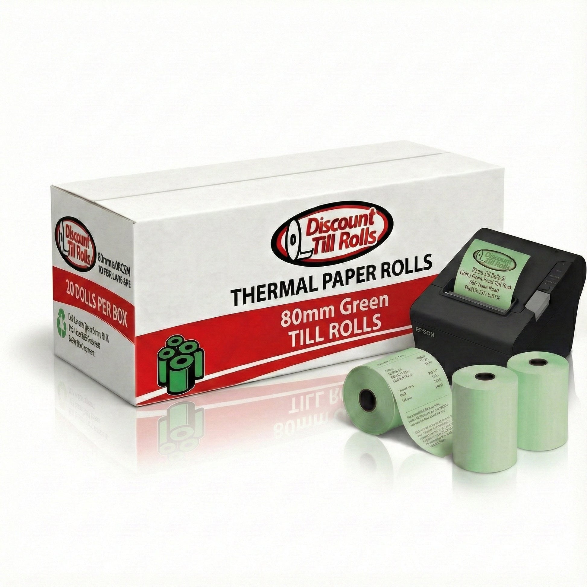 Discount till rolls branded box of 80mm green thermal paper rolls with a thermal printer and 3 green thermal rolls