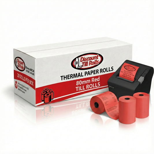 discount till rolls branded box of red thermal till rolls with a thermal printer and 3 red till rolls on a white background