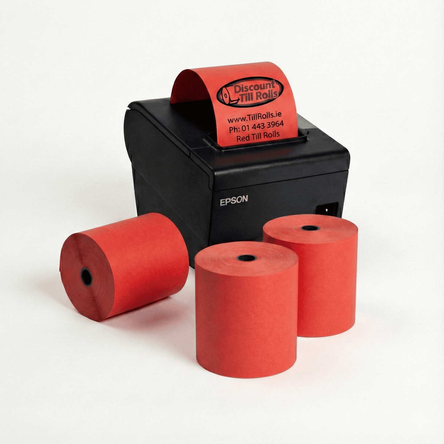 thermal printer printing a red receipt with3 rolls of red thermal paper rolls