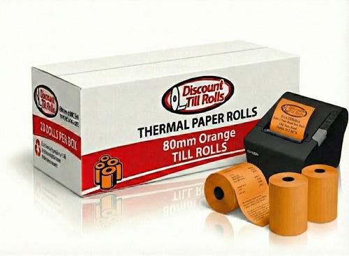 80mm Orange Thermal Till Rolls | 80x70mm Seasonal & Promotional Receipt Paper | 20 Roll Box | Ireland