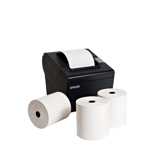 80x80mm thermal paper rolls with an Epson Printer on a white background