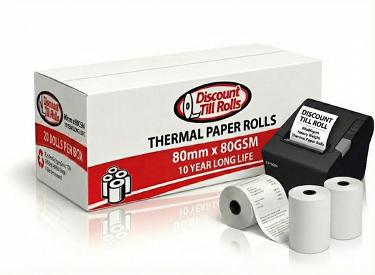 Box of Discount Till Rolls 80x80 80gsm thermal paper rolls with a few rolls displayed in front.