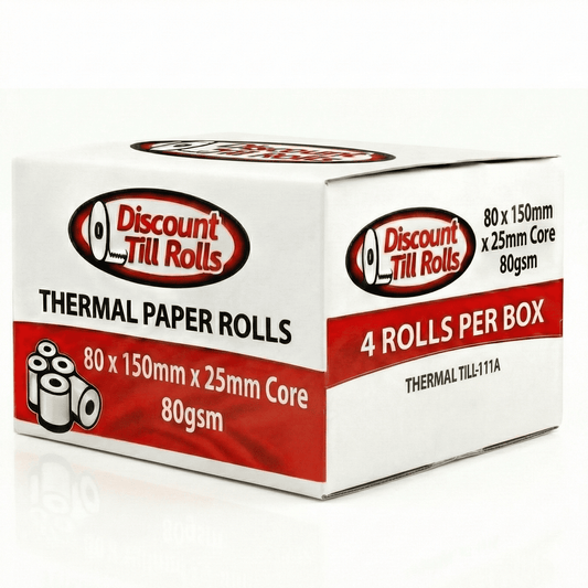 Box of Discount Till Rolls 80x150x25mm thermal paper rolls on a white background