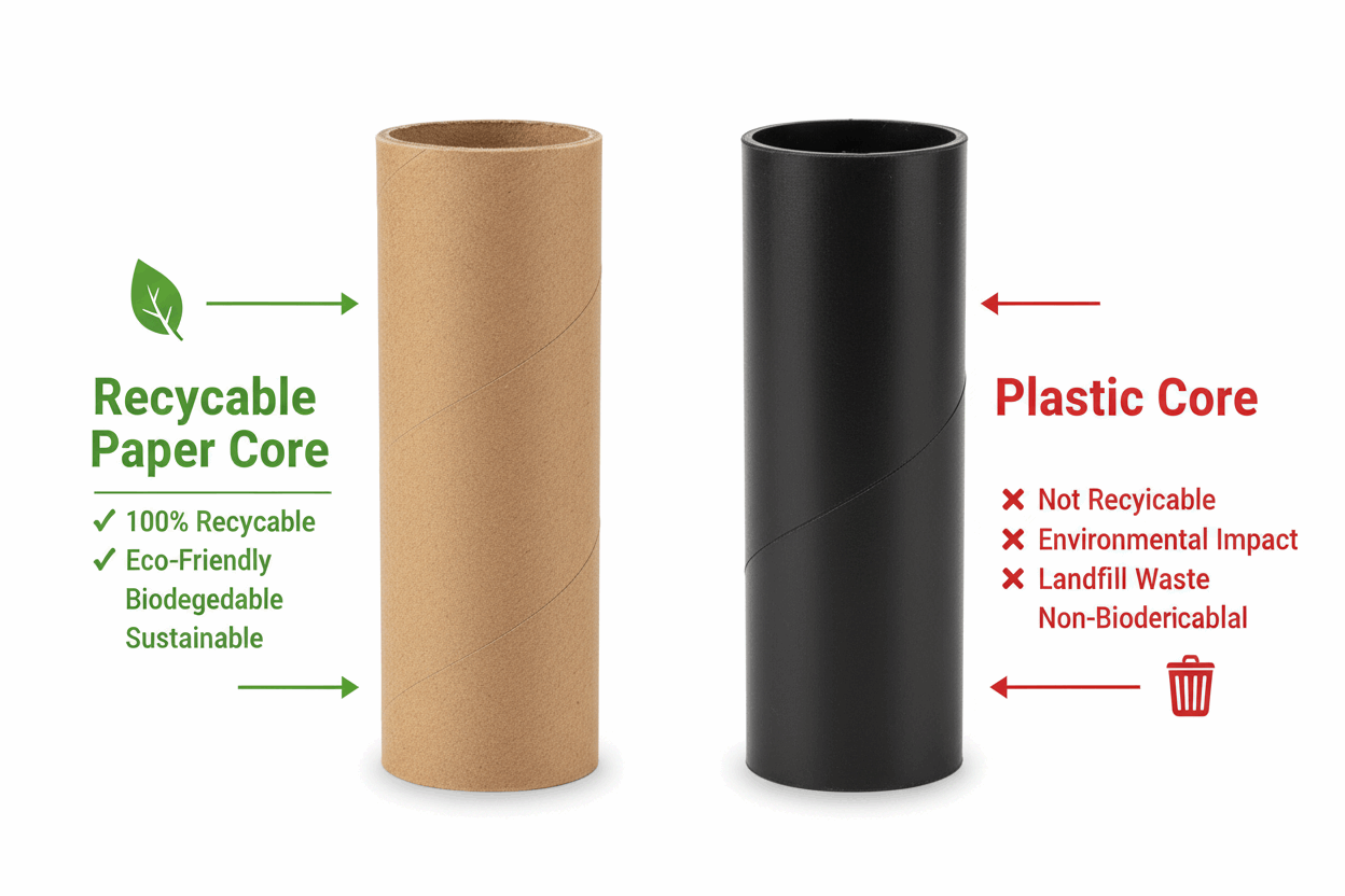 Comparison of recyclable paper core and non-recyclable plastic core on a white background