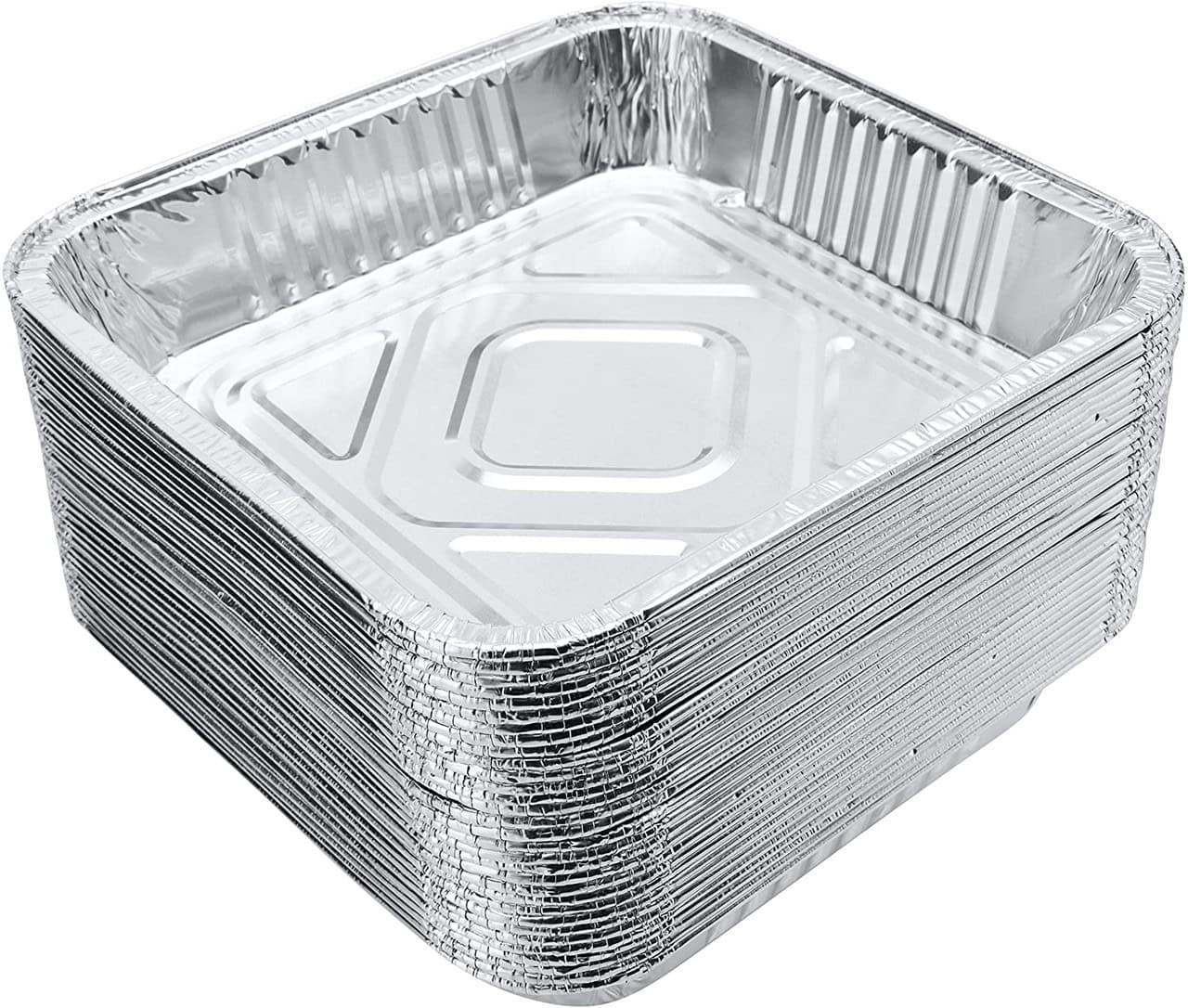 Stack of aluminum foil food containers on a white background