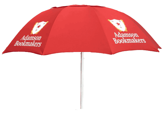 Red Bookmakers umbrella branded with Adamson Bookmakers with logo on a white background